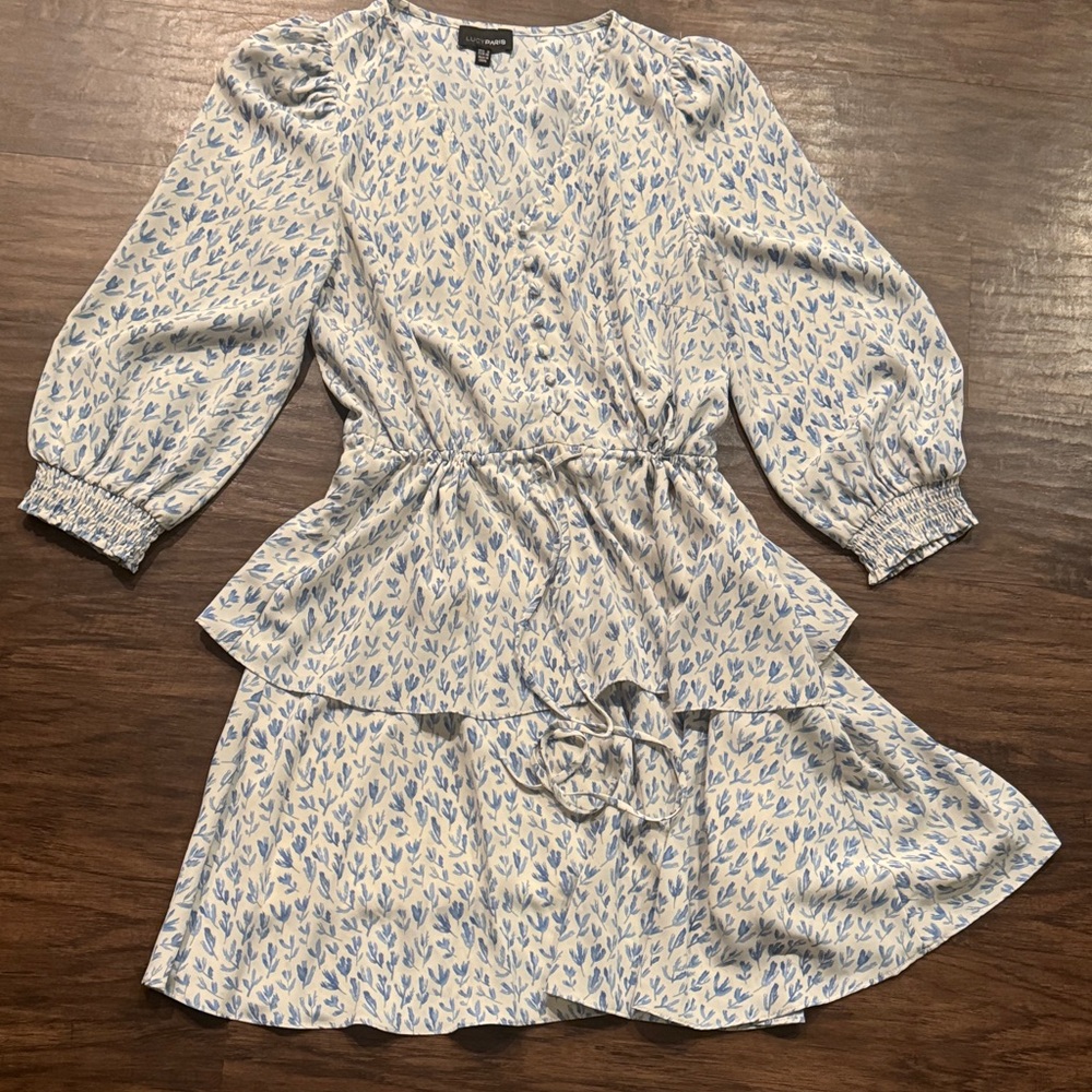 Lucy Paris White Dress with Light Blue Floral Print
